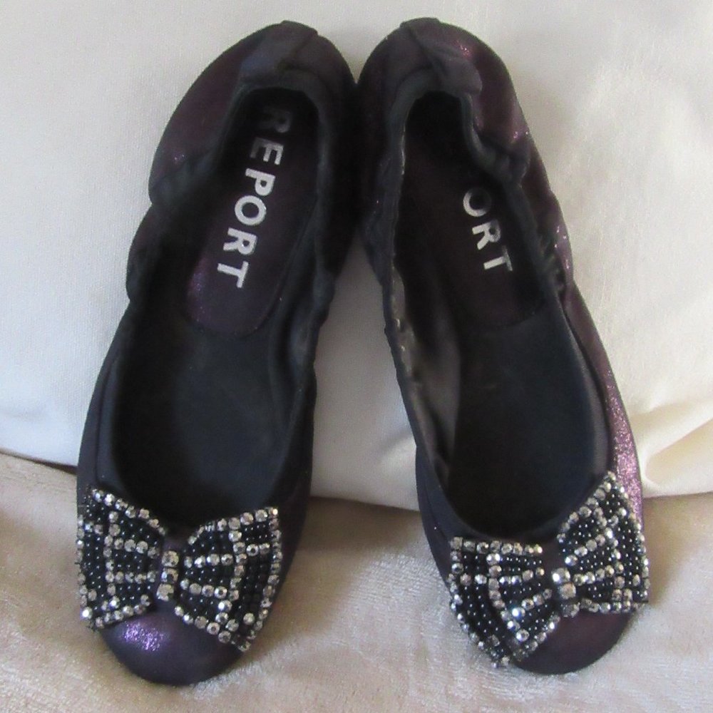 Purple Irridescent Fabric Flats with Beaded Bow By Report "Foley" size 7.5